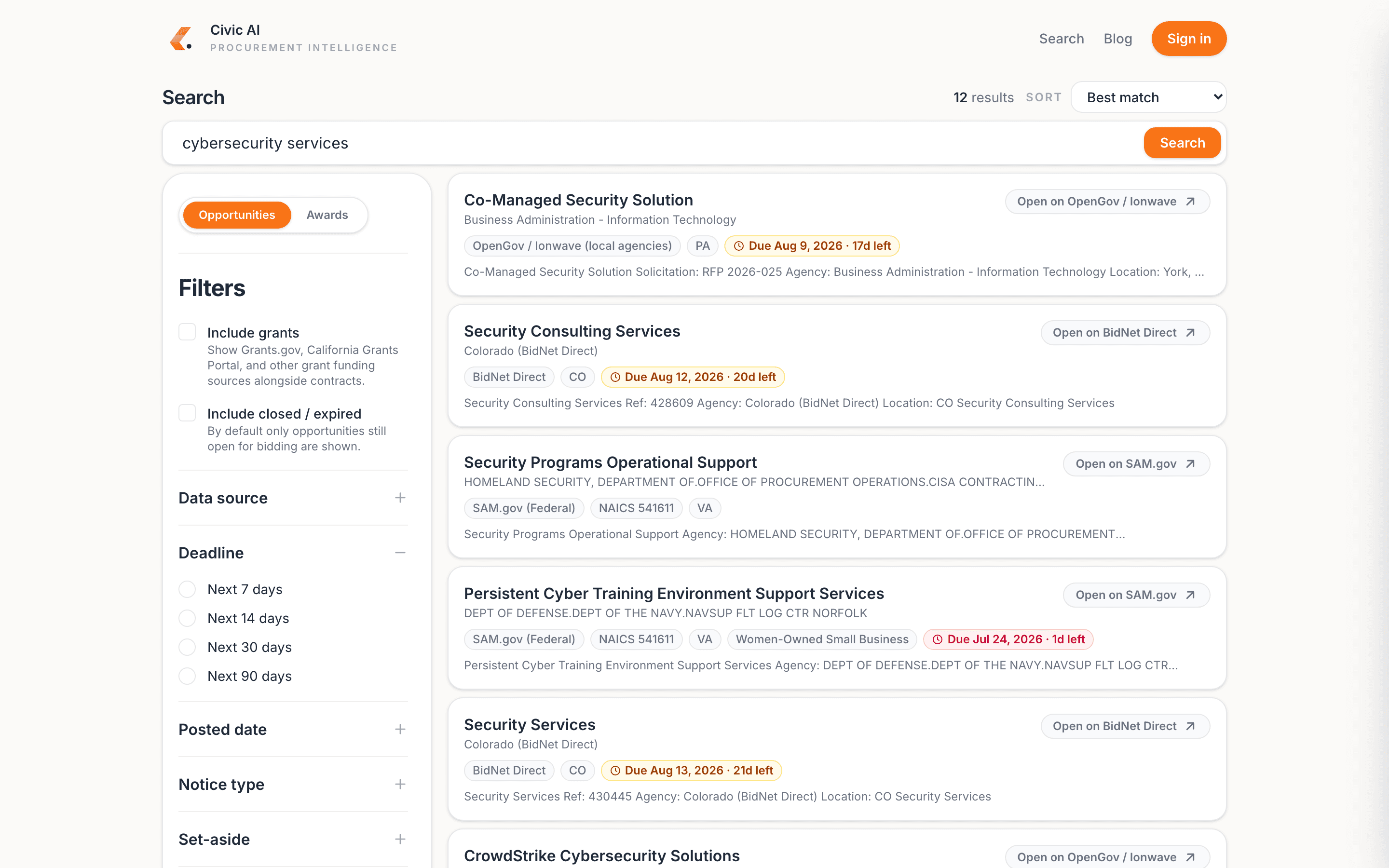Live Civic AI contract search results for cybersecurity services