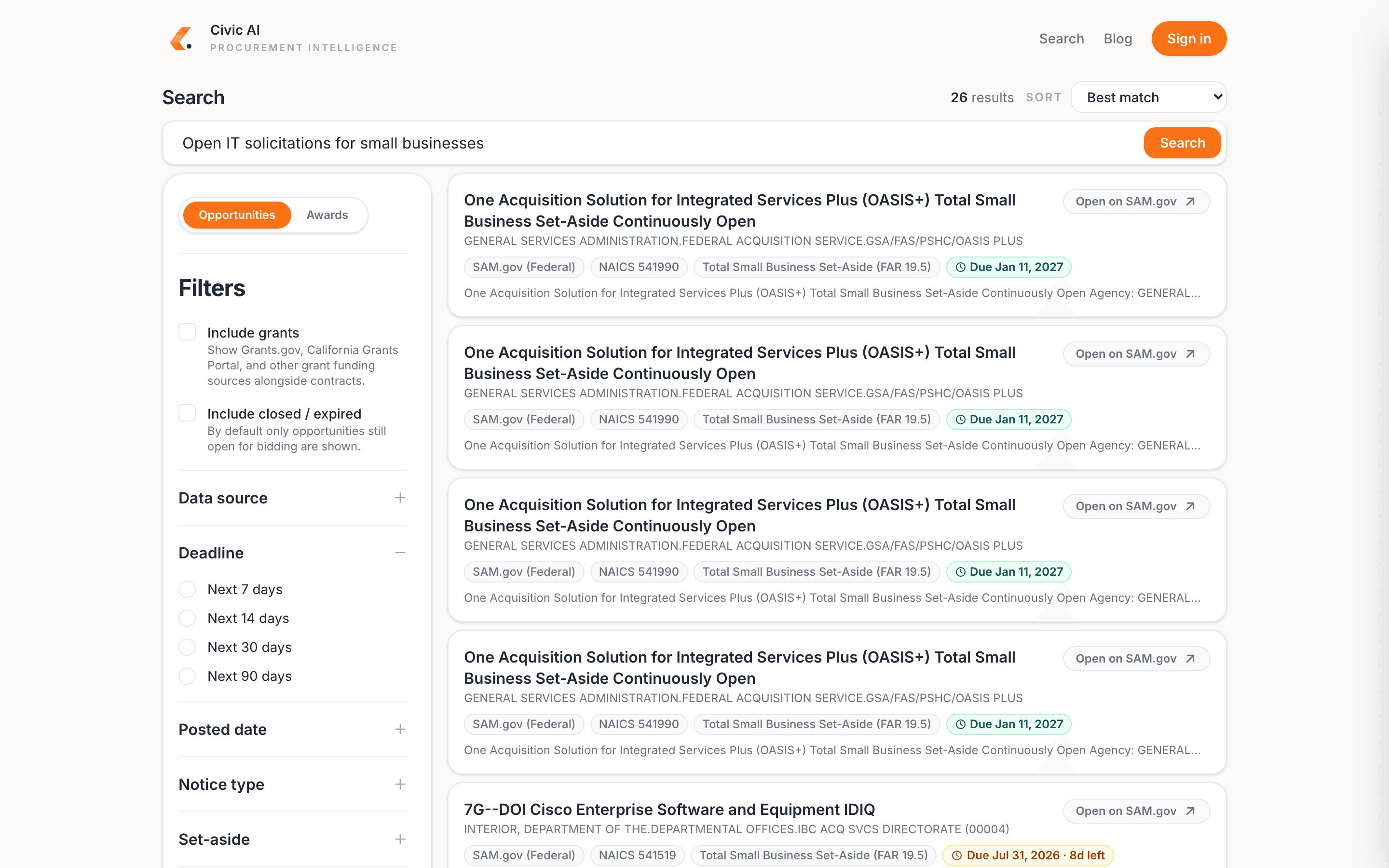 Federal solicitation search with filters in Civic AI