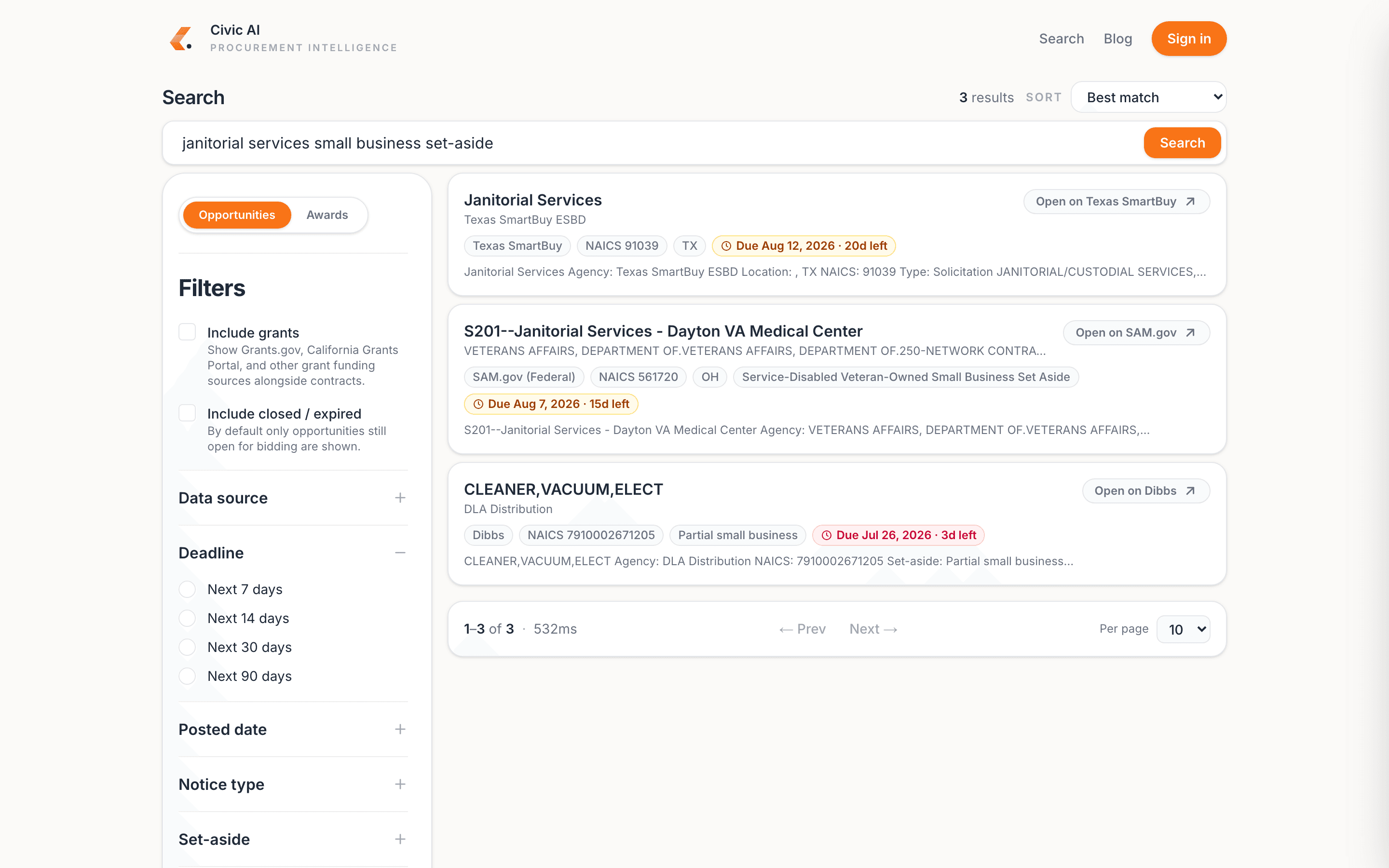 Civic AI search results for small business set-aside opportunities
